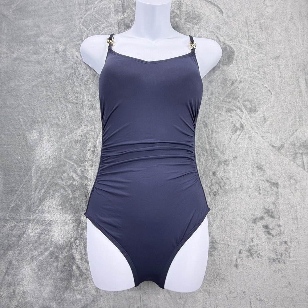 MICHAEL Michael Kors One Piece Swimsuit Size 8 Navy Gold Chain Ruched Swim
